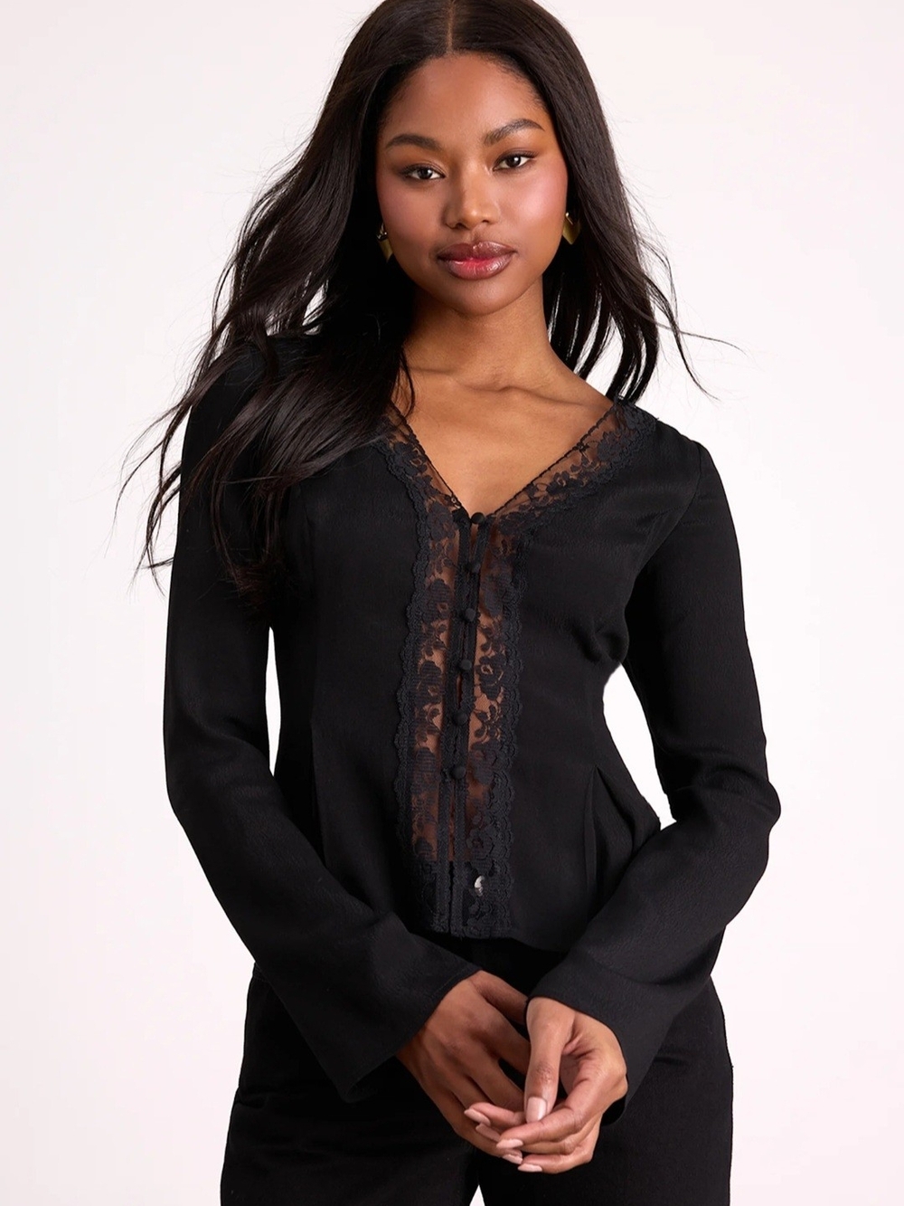 Lulu's Black Lace-Trim V-Neck Long-Sleeve Top
